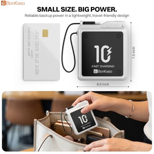 Image of Bonkaso 10000mAh 22.5W PD Power Bank with Inbuilt Type-C Cable, Digital Display, Metallic Silver Compact Portable Charger with Type-C Input & Output for Mobiles Tablets Earbuds