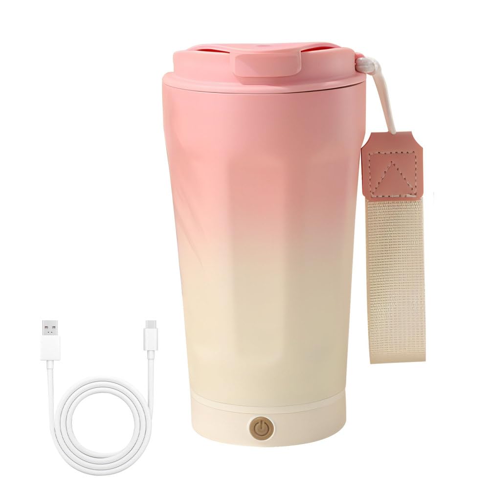 Selbstrührender Kaffeebecher, IPX6 wasserdichter magnetischer elektrischer Mixbecher mit Deckel, Rührwasserflasche aus Edelstahl 306(White Pink Gradient)