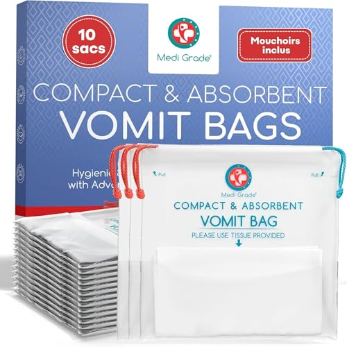 Sacs à vomi Zéro Odeur avec tampons Super absorbants + Serviettes de Nettoyage,10 Pack par Medi Grade – Transforme Le Vomi en Gel – Contenance de 750 ML...