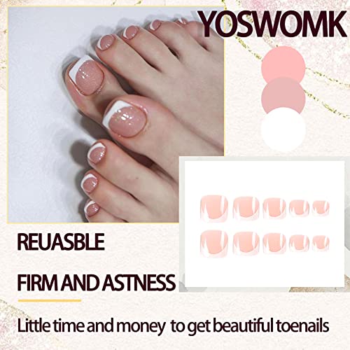 Yosomk Press On Toenails Short U French Tip Pink Glitter Square False Toe Nails Tips Nude Fake Toenails Glue On Press Ons For Women #TOP1