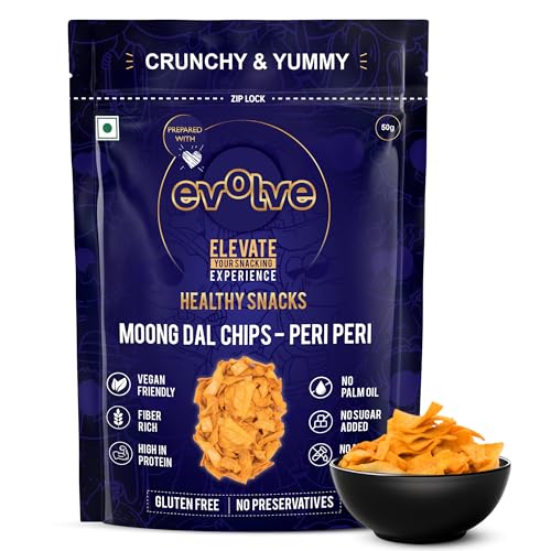 Image of Evolve Moong Dal Chips Healthy Snack for Adults | No Palm Oil, Gluten-Free & Preservative-Free, No Artificial Color or Sugar | Wholesome & Crunchy Snack | Peri Peri Flavor - 50g