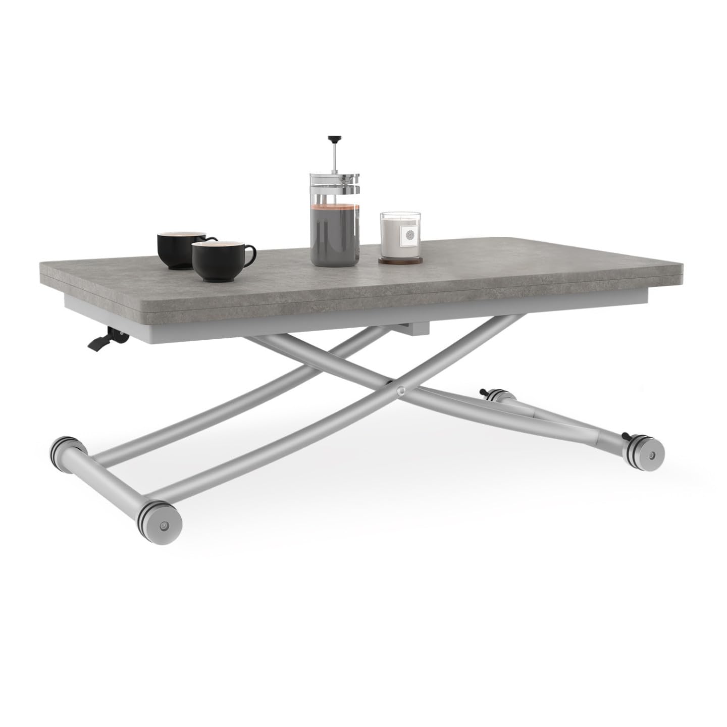 IDMarket – Mesa de centro 2 en 1 elevable en mesa de comedor Urbana hormigón | Rectangular, 100 x 57/114 x 30/75 cm, bandeja efecto hormigón y pie gris cromado