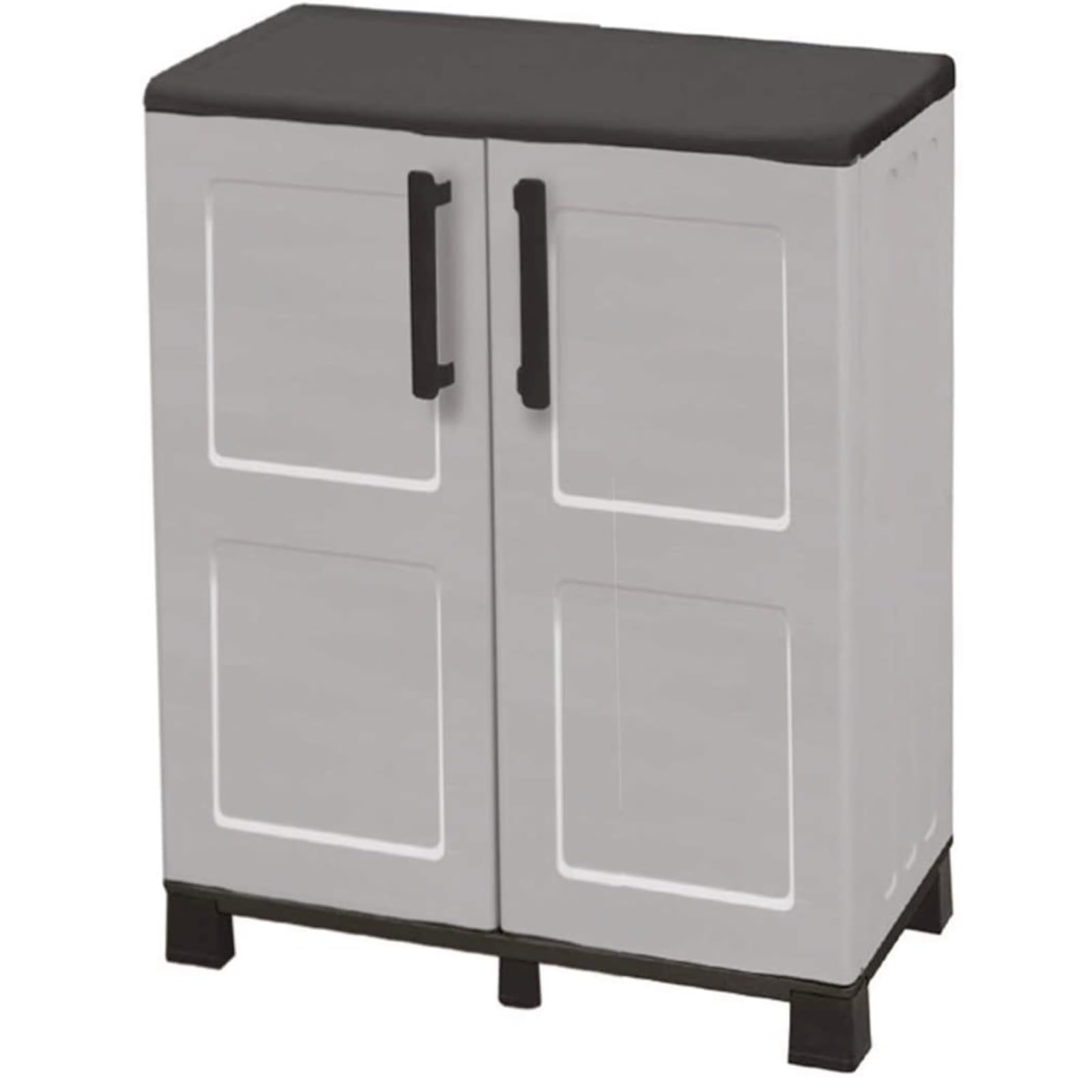Armadio in Resina Impermeabile 2 Ante Basso,Portascope,Tuttopiani Da Esterno Interno Mobiletto Modulare Salvaspazio Montaggio Facile - Boxi (Grigio, Armadio Basso)