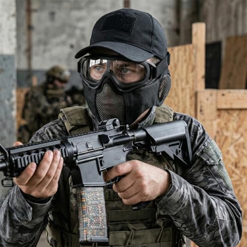 Yzpacc Airsoft Half Face Mask with Goggles Hat Set Tactical Masks Full Face Ear Protective Baseball Cap for CS Halloween and Cosplay Game