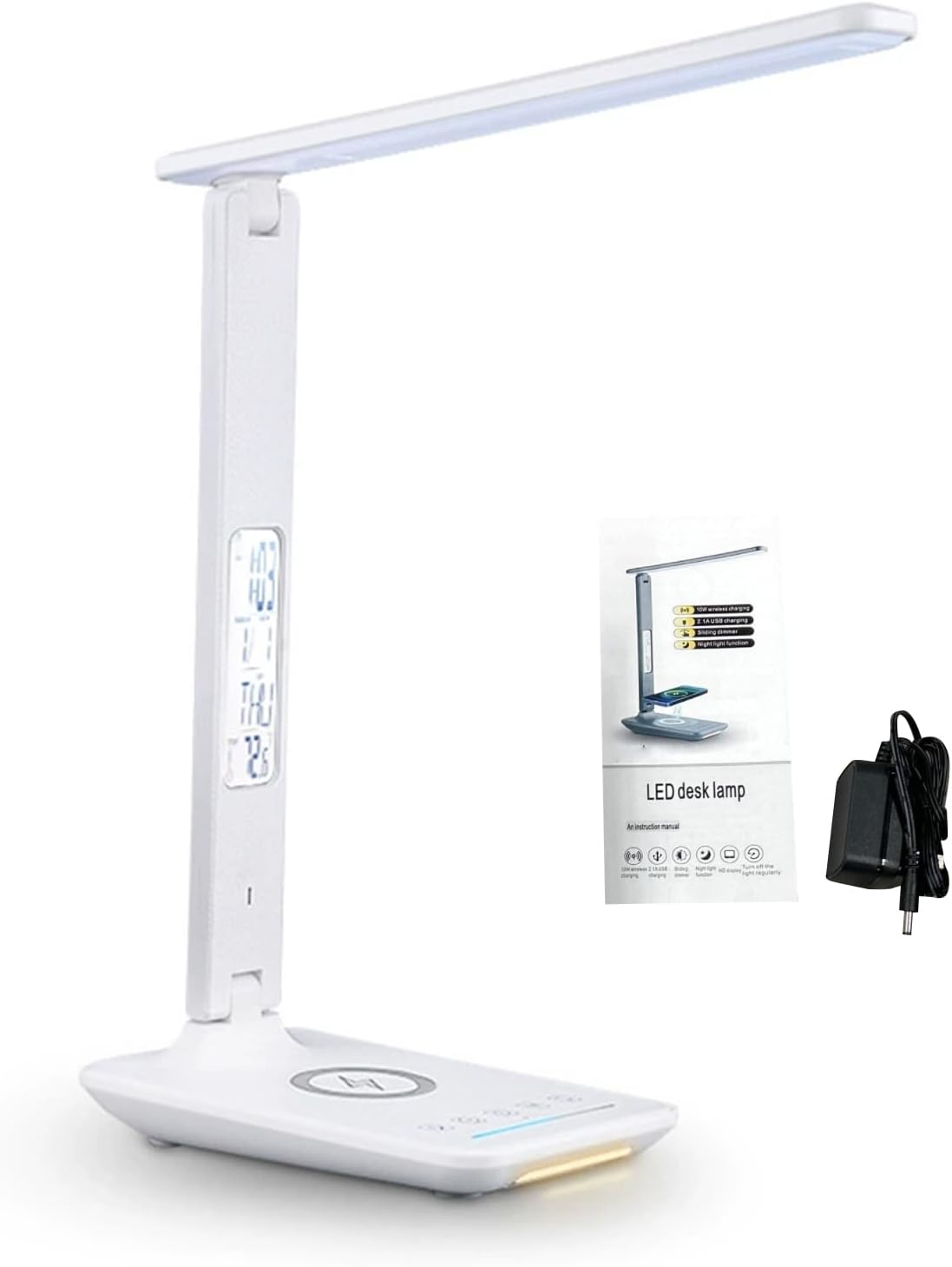 Luocute LED Desk Lamp, Rotating with Wireless Charging, 5 Color Temperatures, Touch Control, Dimmable Night Light, HD Display with Time Date Temperature Alarm, for Reading (TX2260 White with US Plug)