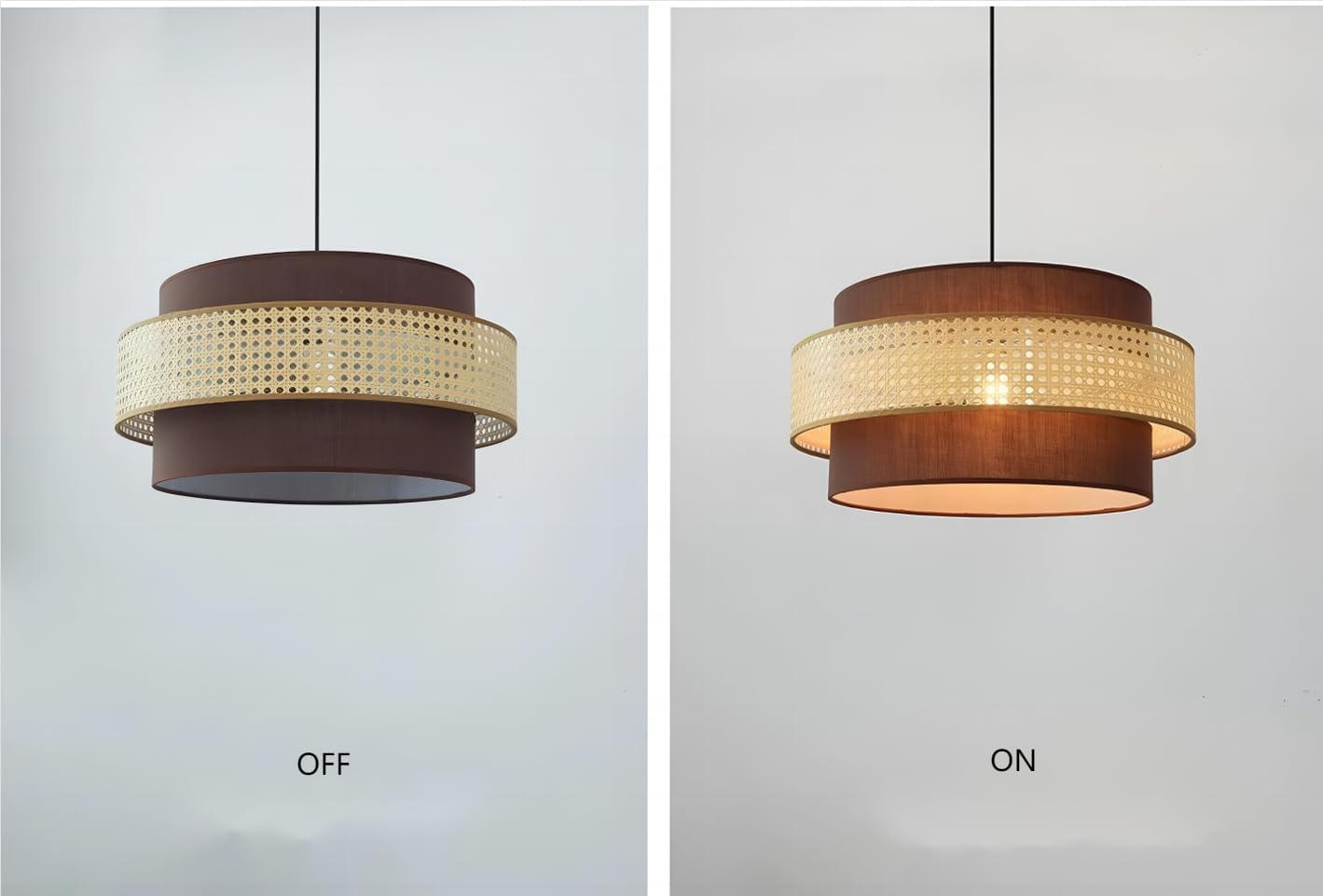 LIGHTLAND Rattan Farmhouse Pendant Light Fixture, Hand Woven Dining Room Pendant Light with Fabric Shade, Rustic Pendant Hanging Light Fixture for Kitchen Island, 16''