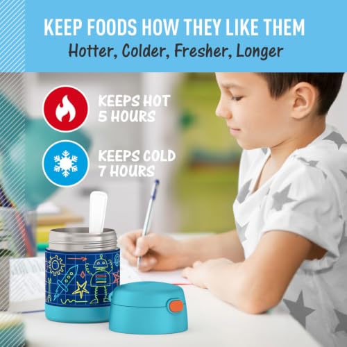 Image of THERMOS FUNTAINER Kids Food Jar with Spoon, 10oz, Robot Doodles | Kid-Friendly Stainless Steel Insulated Food Container, Keeps Food Hot or Cold Longer for School & Play, BPA Free