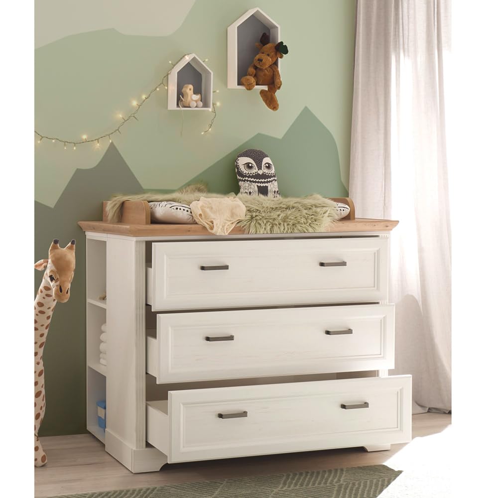 Lomadox Babyzimmer Babygitterbett mit Wickelkommode umbaubar zu Kommode, Landhausstil, Pine weiß mit Eiche