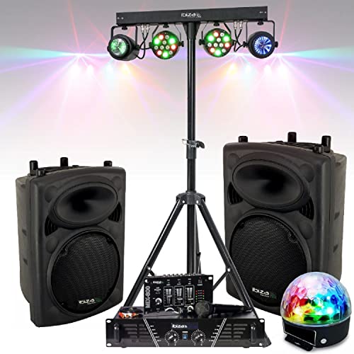 IBIZA SOUND LIGHT Pack Sono DJ300MKII - Ampli 480W 2 Enceintes 500W Max Micro Table de Mixage 5 Jeux Lumière Pied Support DJ