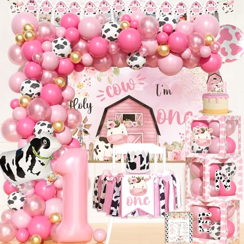 Party Inspo Holy Cow Im One Birthday Decorations Girl, 1st Birthday Decorations Girl, Cow Moo Moo First Party Decorations, Pink Backdrop Balloon Banner Cake Topper Box Cutout Crown Poster