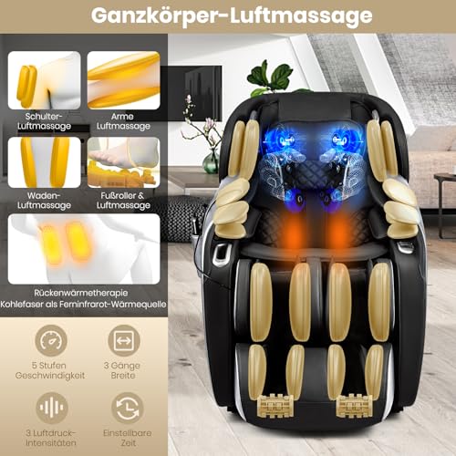GOPLUS Massagesessel Ganzkörper, Massagestuhl mit Schwerelosigkeitsfunktion, Fernbedienung, Sprachsteuerung, Heizung & 12 Massageprogramm, Relaxsessel elektrisch für Zuhause & Büro (Schwarz) – Bild 4