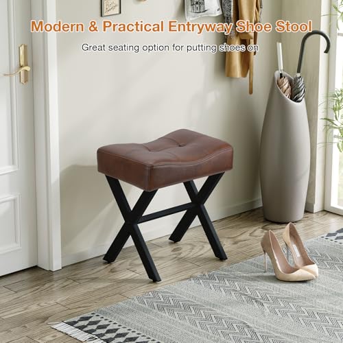 Image of Memobarco 18-Inch Leather Vanity Stool Chair, Vanity Bench with Metal X-Leg, Ottoman Accent Stool with Thick Padded Saddle Seat, Dark Brown
