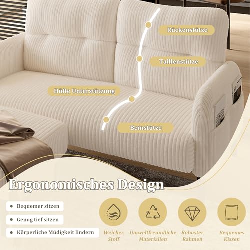 WEALTHOUSE Modulares Cord Sofa Set aus Zweisitzer,Sessel und Hocker mit ergonomischer Rückenlehne,Seitentasche und stabilem Metall‑Holz‑Gestell – für Wohnzimmer & kleine Apartments (Beige,3er-Set) – Bild 8