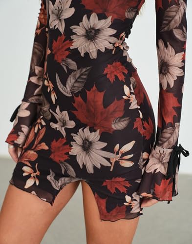 Image of HYPERFIRE Women's Mesh Long Sleeve Square Neck Split Hem Party Club Cocktail Bodycon Mini Dress