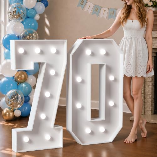 Image of Marquee Numbers 3 Feet Tall Big Light Up Numbers 70th Birthday Decorations Women Men White Anniversary Party Decor Large Cardboard Prop Backdrop Sign 70 | Cool White Light, Large 70th Anniversary Party Decor, Big Stable Sign, Assembly Required, Foam Board 39 Pcs Accessory Set