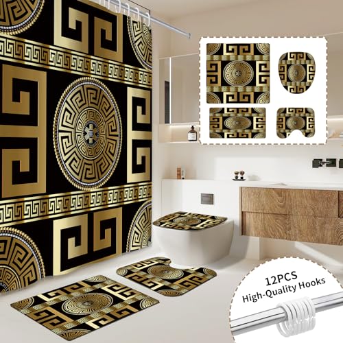 Muuyi 4PCS Black Gold Geometric Print Fabric Shower Curtain Set Modern Waterproof Soft Fabric Shower Curtain Bathroom Trim Non-Slip Bath mat Applicable to bathrooms Hotels 12 pcs Hooks 71x71 in