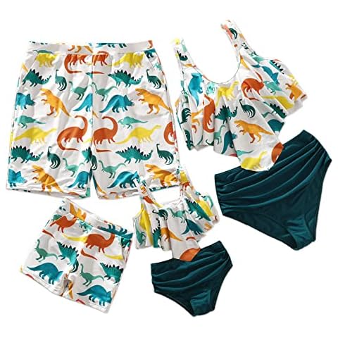 PATPAT Family Matching Swimsuits Two Pieces Tankini Set Dinosaur Print Ruffles Bikini Mommy and Me Bathing Suits, White, 3-4 Years Cover
