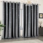 Heavy Thick Velvet Curtains Glitzy Printed Eyelet Ring Top Blackout Thermal Insulated Pair Panels for Bedroom Living Room Window Drapes (Grey, 66 x 72 in (168 x 183 cm))