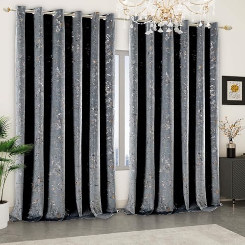 Heavy Thick Velvet Curtains Glitzy Printed Eyelet Ring Top Blackout Thermal Insulated Pair Panels for Bedroom Living Room Window Drapes (Grey, 46 x 72 in (117 x 183 cm))