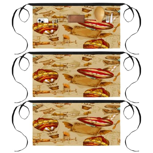 Lot de 3 tabliers courts de chef avec 3 poches pour service et cuisine