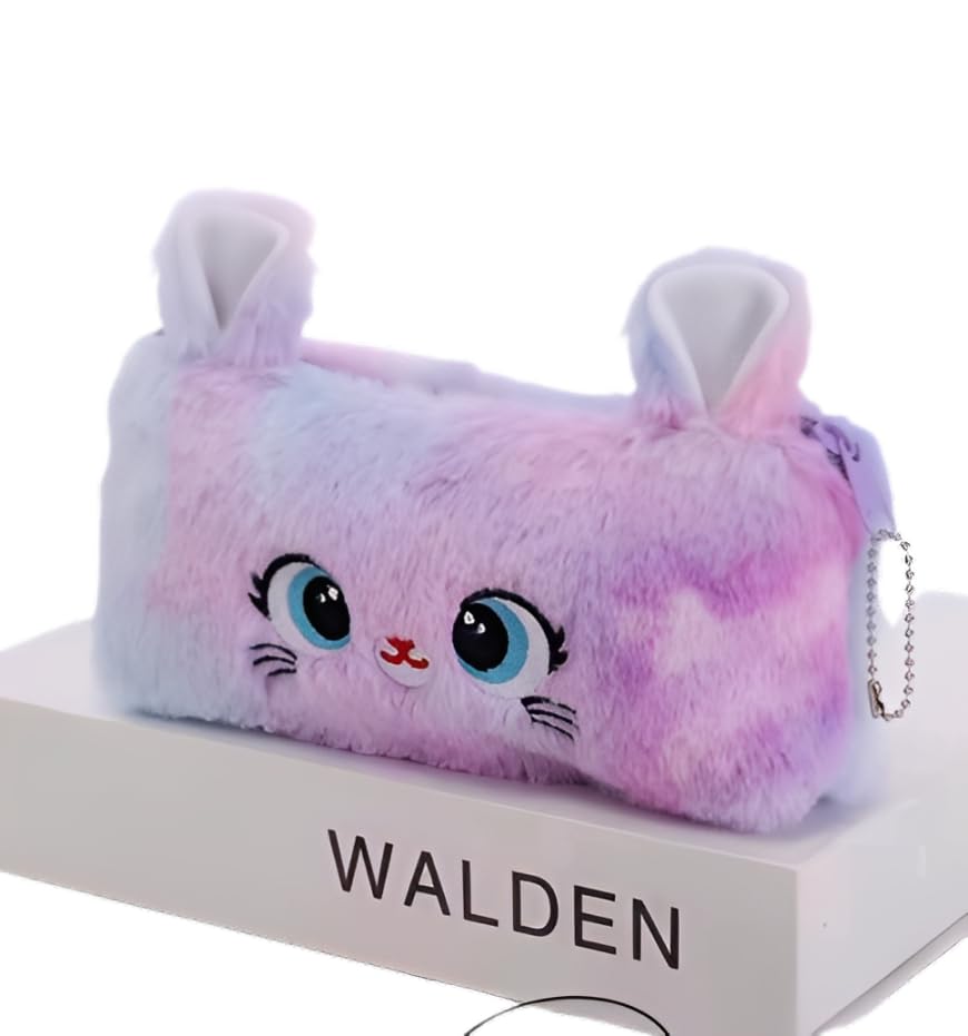 Estojo Escolar Feminino Com Ziper Gatinho Necessaire Pelucia Colorida Super Espacosa Fofa