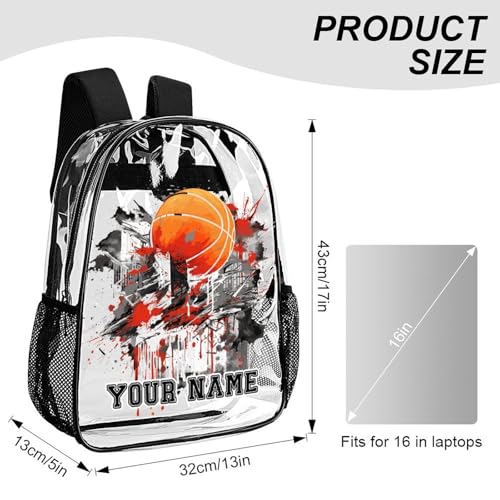 Custom Basketball Clear Backpack Heavy Duty for Girls Kids Boys Women Men - Large Cute PVC Basketball Theme Printing Transparent Backpack for Schools Stadium Concerts Work - Clear/Black3