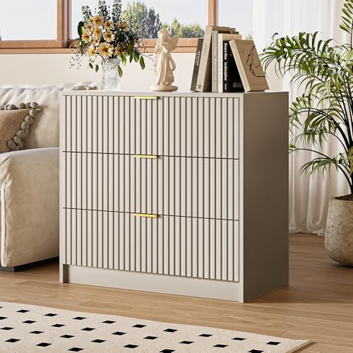 Image of MAISONARIA Fluted Dresser for Bedroom, 32 Inch Wide Nightstand with Large Drawer, 3 Drawer End Table for Bedroom, Living Rooms, Offices, and Entryways, Beige