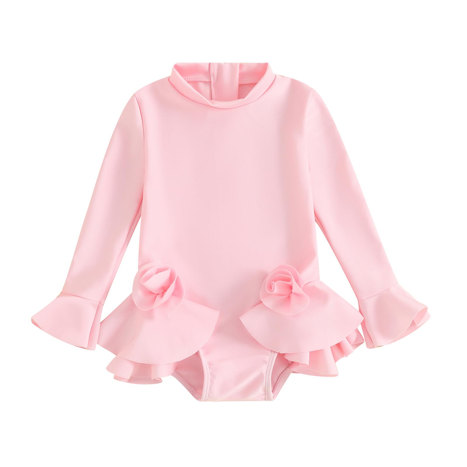 Licupiee Kids Toddler Girls 3D Flower Swimsuit Flare Long Sleeve Ruffle Bodysuit One Piece Rashguard Swimsuit Bathing Suits (Pink, 12-24 Months)