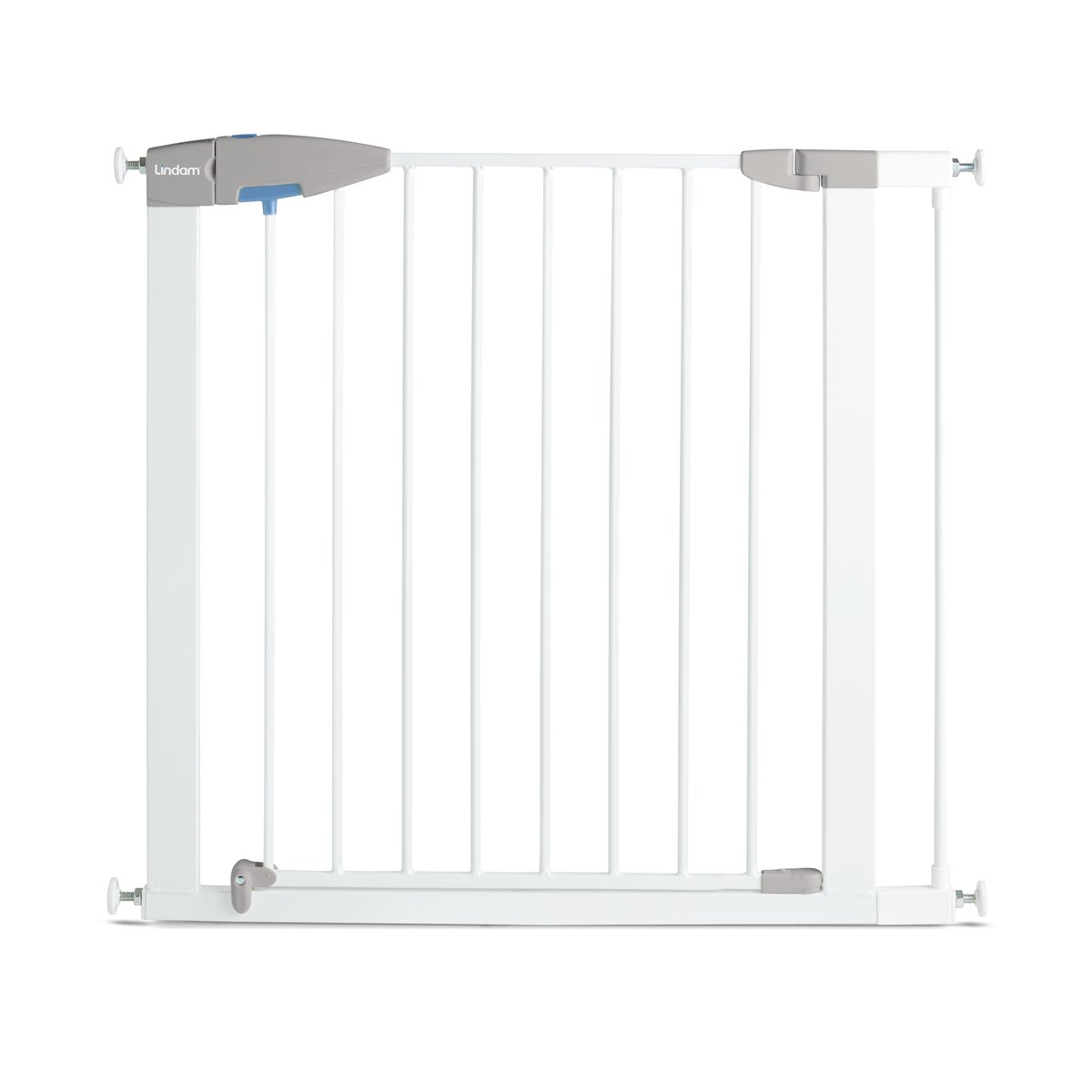 Munchkin Lindam Valla de Seguridad Infantil, Barrera de Escalera para Bebés y Niños Pequeños, Valla de Montaje Fácil sin Tornillos, Puerta de Seguridad para Bebé, 76-82 cm, Blanco + 7cm Extensión