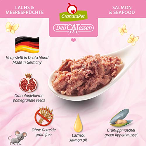 GranataPet DeliCatessen Lachs & Meeresfrüchte, Nassfutter für Katzen, Katzenfutter für Feinschmecker, Futter ohne Getreide & ohne Zuckerzusätze, 6 x 200 g