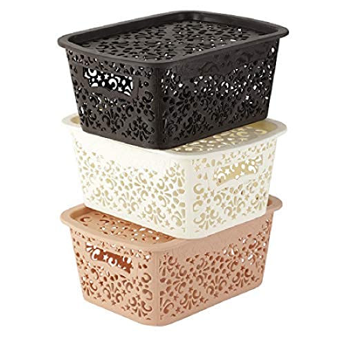 Image of Cutting Edge Essentials Plastic Storage Baskets /Shelf /Turkish Rack with Lid - Set of 3 for Fruit Vegetable Bathroom Stationary Home Basket with Handle (Brown,Beige & White - Small)