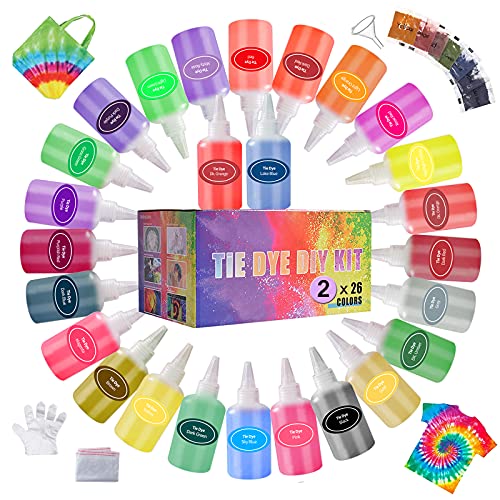 Tie Dye Kit with 52 Dye Packets, 26 Colors Fabric Dye Kit for Kids and Adult with Shirts, Tie Dye Kits Art Party Set DIY Gifts, Craft Fabric Textile Party Group Handmade Project