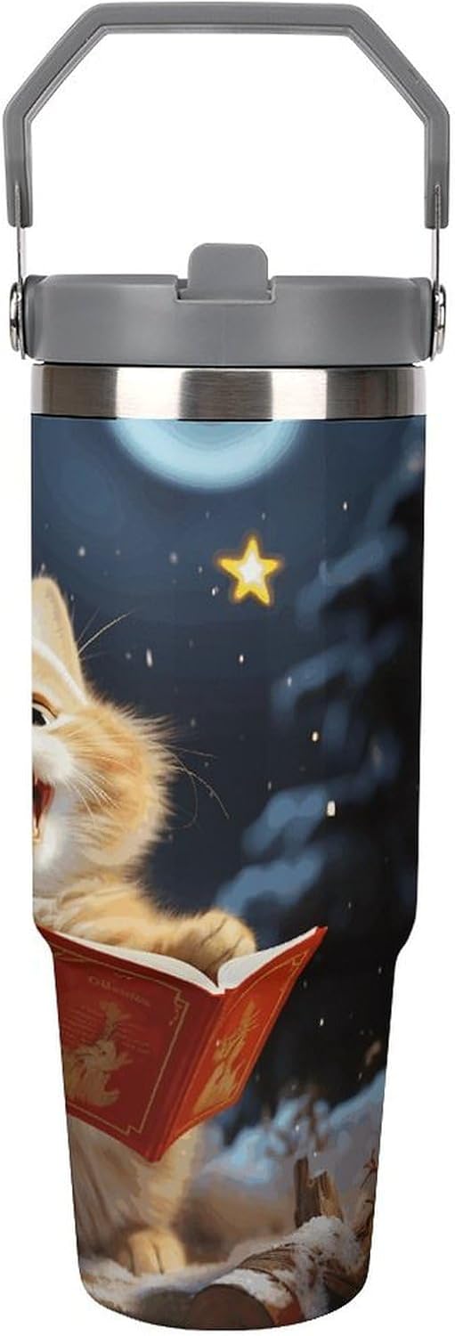 Cute Cat Sing Christmas Carols Water Bottle 30 Oz Fits Car Cup Holder,Insulated Coffee Mug Large Capacity Car Cups,Stainless Steel Double Wall Sport Bottle for Travel Sports Gym
