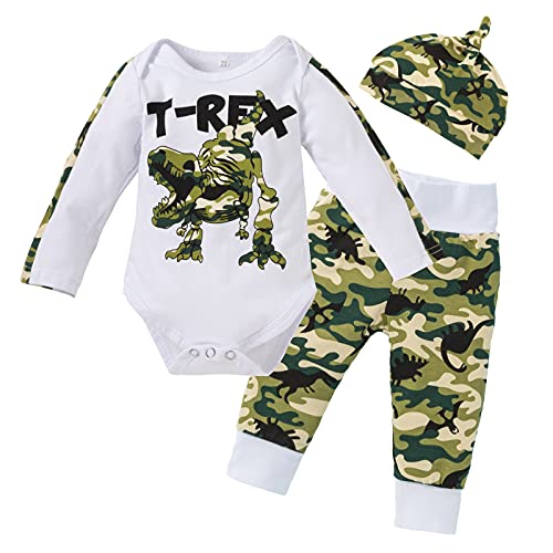 Image of Newborn Baby boy Clothes Dinosaurs Print Romper+Pants+Hat Newborn Boy Outfits Set(6-9Months)