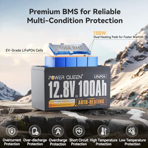 Image of Power Queen 12V 100Ah Self Heating Lithium Battery, Built-in 100A BMS, Low Temp Protection, Charging -4F /-20C, LiFePO4 Battery Up to 15000+ Cycles for RV, Off-Grid System, Trolling Motor