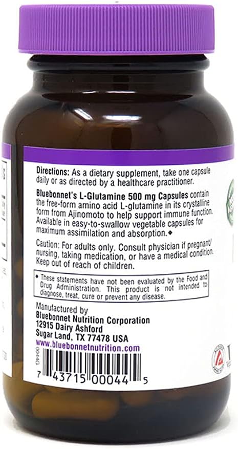 Bluebonnet Nutrition L-Glutamine 500mg, Supports Immune Function, Nitrogen Transporter, Soy & Gluten-Free, Non-GMO, Kosher Certified, Vegan, 50 Vegetable Capsules, White, 50 Count : Health & Household