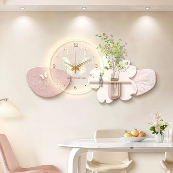 Butterflies LED Wall Clock with Glass Hydroponic Vase, Silent Quartz Movement, Modern Art Decor for Living RoomPink,Large