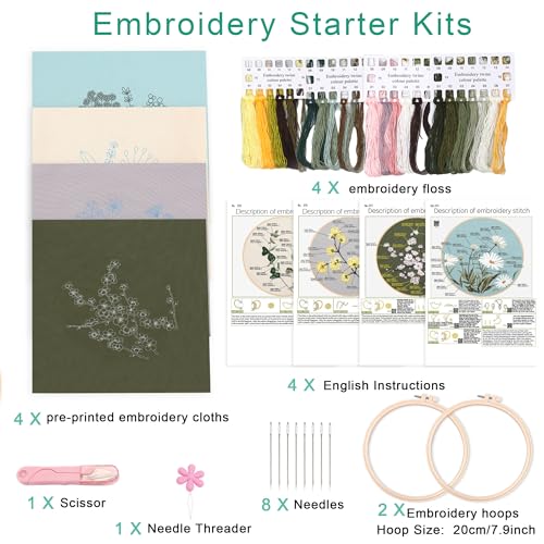 Image of Harimau Adult Beginner Embroidery Starter Kit, Complete Set with 4 Patterns, 2 Hoops, Needles, Scissors, Instruction Guide & Stitching Video Tutorials