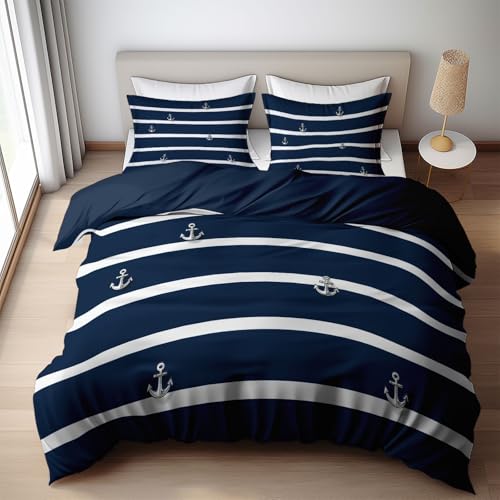 Quixora Housse de Couette Bleu Marine Blanc Rayures Parures de lit 90 x 190 cm Garçons Filles Adulte Ado, Parure de Lit Microfibre