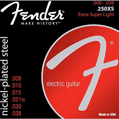 Fender® »SUPER 250’S NICKEL-PLATED STEEL STRINGS« Cordes pour guitare électrique – Ball End – 250XS 008/038 - Les Beatles, Paul McCartney, John Lennon, RIngo Starr, George Harrison Fender® »SUPER 250'S NICKEL-PLATED STEEL STRINGS« Cordes pour guitare électrique - Ball End - 250XS 008/038