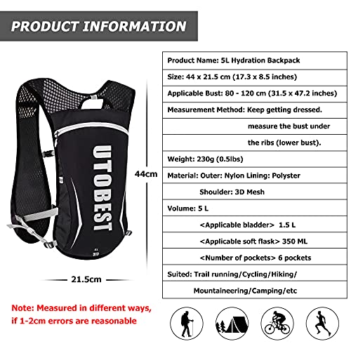 UTOBEST Running Backpacks Lightweight Hydration Pack Functional Running Vest 5.5L (Black with 1.5L Water Bladder)