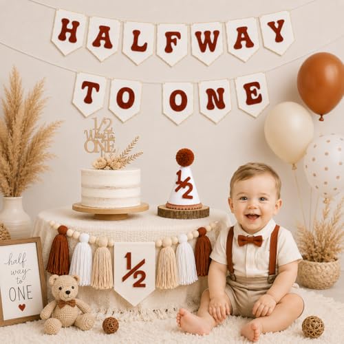 Image of 1 /2 Birthday Brown Half Birthday Decorations - White Brown It's My 1 /2 Birth Banner Glitter Cake Topper Tassel Wood Bead High Chair Banner & Cone, Hat Halfway to One Party Supplies