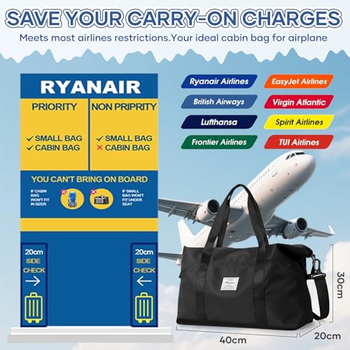 Reisetasche Damen Sporttasche 40x30x20 Ryanair Handgepäck Tasche Weekender Bag Schwimmtasche Wasserdicht Travel Duffle Bag Wickeltasche Trainingstasche Frauen für Reise Gym,A12-Black