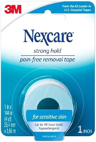 Nexcare Cinta para piel sensible, eliminación sin dolor con un mínimo de tirones de pelo, 1 pulgada x 4 yardas, paquete de 6