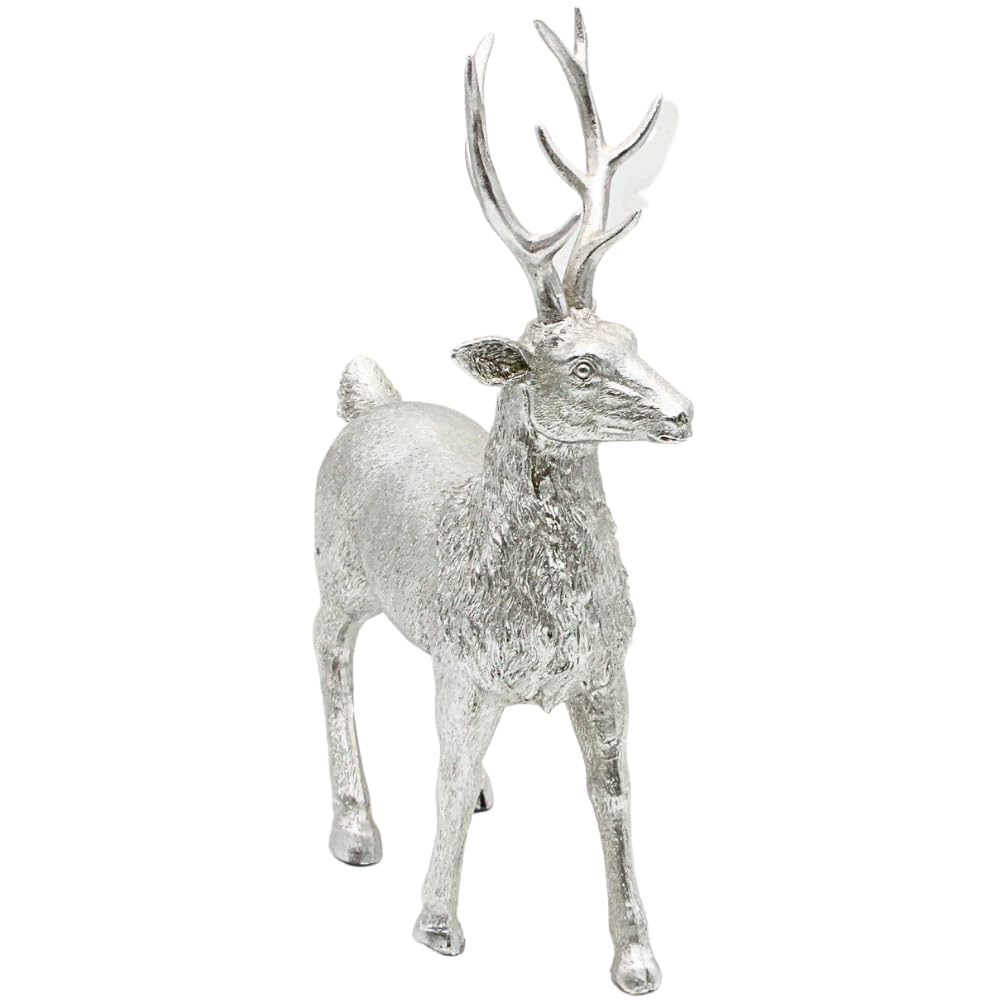 Dekohelden24 Keramik Dekofigur, Moderne Deko-Statue, Landhaus-Skulptur als Hirsch in Silber - Glitzer, stehend, L/B/H: 24 x 10 x 36cm