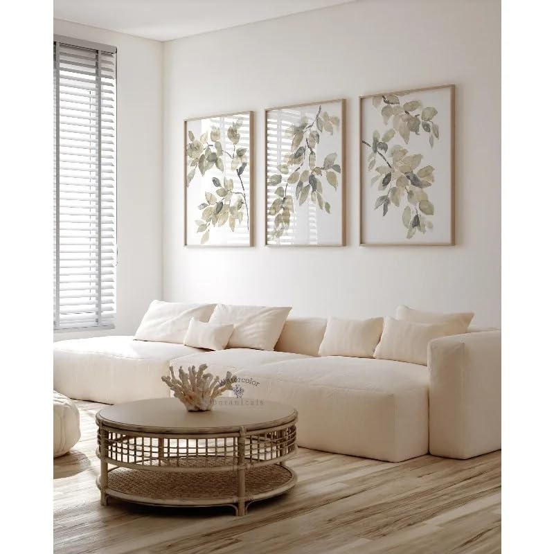 LTjiajuypd Tranquillo murale botanico su tela con salvia ad acquerello e foglie verdi, poster artistico per la decorazione della casa in stile moderno rustico (60x85 cm - 3 pezzi)