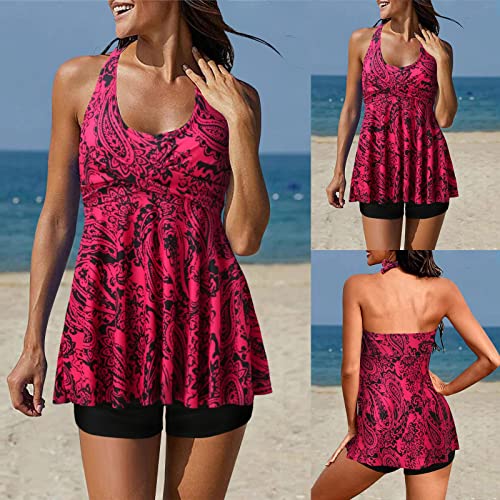 Swimsuits For Teens Two Piece Tankini Swimsuits For Women With Shorts Halter V Neck Bathing Suits Flowy Twist Front Red #TOP1