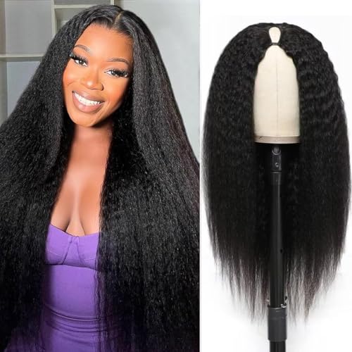 Image of V Part Human Hair Kinky Straight Wig - 180% Density Upgrade, U Part, Full Head Clip In, Half Wigs, 30 Inch Yaki, V Shape, Beginner Friendly, Natural Color