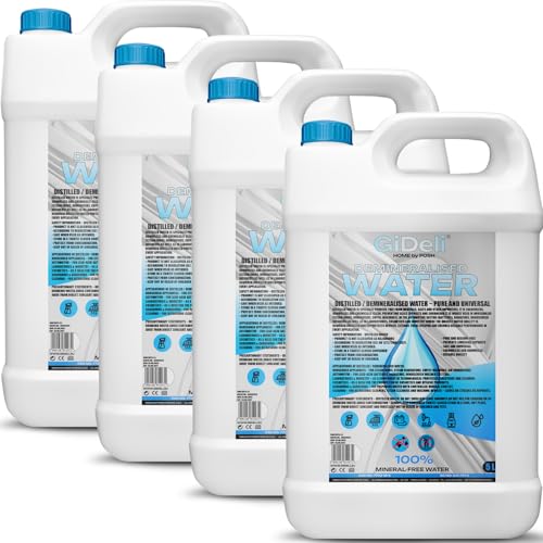 GiDeli Agua desmineralizada, 4 x 5 l, agua destilada para planchas, baterías, radiadores, humidificadores, acuarios y laboratorios, agua sin cal, inodoro, transparente
