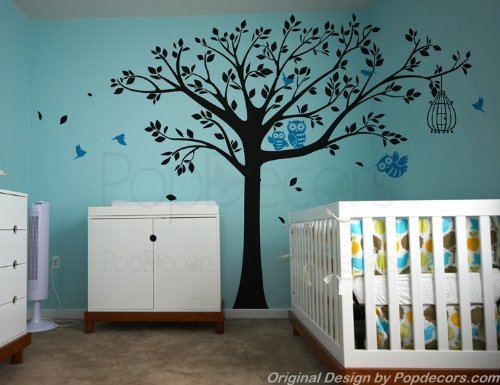 PopDecors - Nursery Tree with Cute Owls A- Free Squeegee and Color Change - Nursery Tree Decals Baby Wall Decors Kids Wall Stickers Owls Decal
